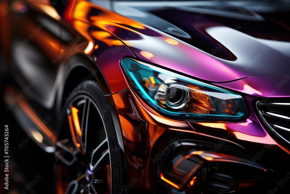 Poster a close up of a car's headlight and its reflection in the car's shiny chrome paint on the front of t