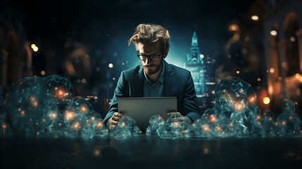 man working on his laptop, global connectivity with double exposure lines and shapes that express both connection and modernity.