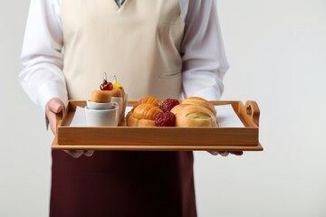  a person holding a tray with a variety of pastries and croissants on it, with a cup of coffee and a saucer in the foreground.