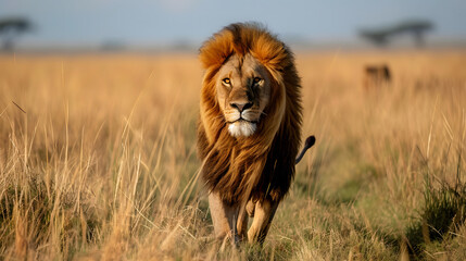 Majestic lion surveys the savanna, tall grasses framing its form