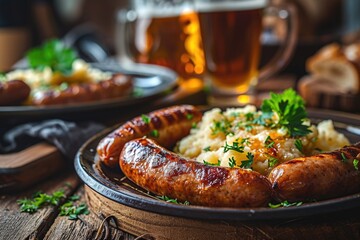 Mashed potatoes with sausages. St. Patrick's Day Dinner. Irish English British food - obrazy, fototapety, plakaty