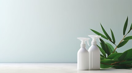  bottles of cleaning products and eucalyptus - obrazy, fototapety, plakaty