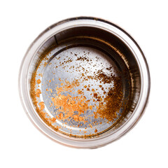 Empty metal tin can top view. An open dirty can of nuts. Tin can with leftover food.White isolated background.