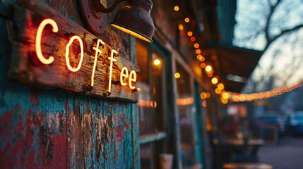 coffee sign, text "coffee" in front off coffee shop - Powered by Adobe