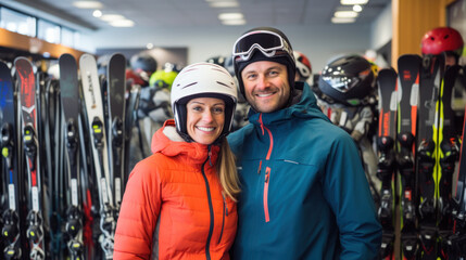 Happy family choosing ski equipment in a specialized sports store.