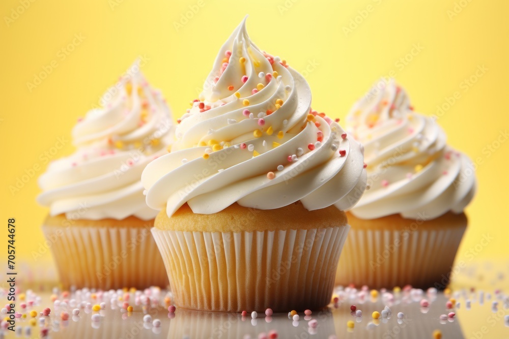 Poster a close up of three cupcakes with white frosting and sprinkles on a table with a yellow background a