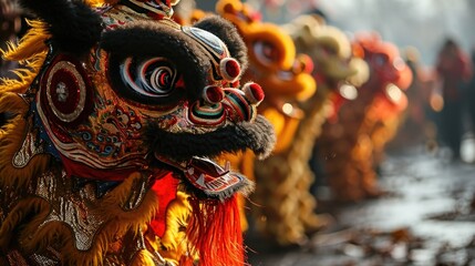 Fototapeta premium Celebrations in a vibrant parade featuring intricately designed lion dance costumes in a bustling city during a sunny afternoon