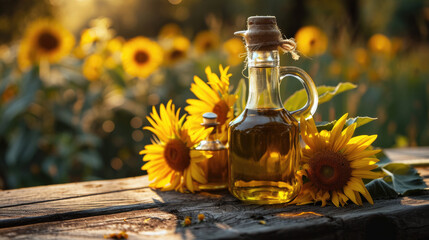 Sunflower oil on a wooden table with sunflower flowers on a field background
