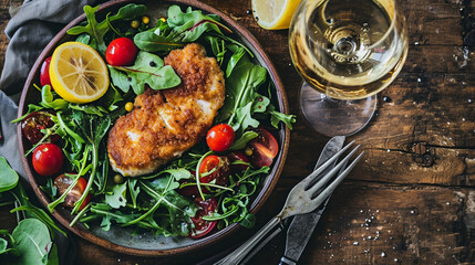 fish cutlet on greens and glass of wine on wooden background. delicious food. - obrazy, fototapety, plakaty