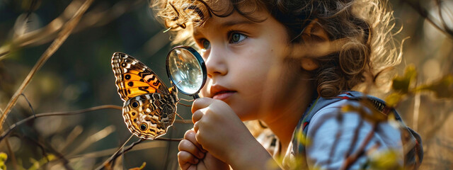 Smiling child looking at butterfly through magnifying glass.nature - obrazy, fototapety, plakaty