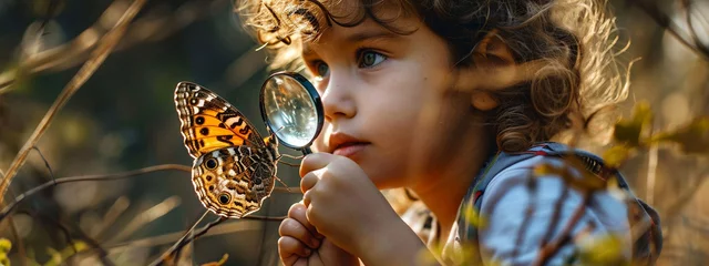 Foto op Aluminium Smiling child looking at butterfly through magnifying glass.nature © Anna
