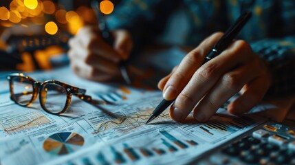 Financial Analysis: An individual analyzing financial data, with graphs, charts, and reports spread out on a desk or displayed on a monitor