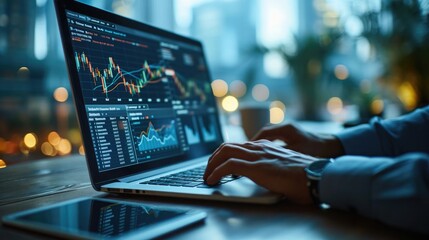 Financial Analysis: An individual analyzing financial data, with graphs, charts, and reports spread out on a desk or displayed on a monitor - obrazy, fototapety, plakaty