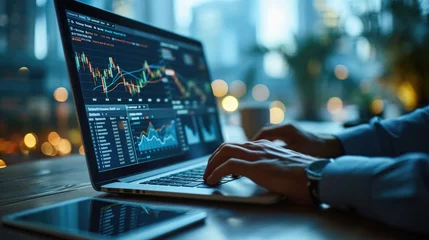 Foto op Plexiglas Financial Analysis: An individual analyzing financial data, with graphs, charts, and reports spread out on a desk or displayed on a monitor © anatolii