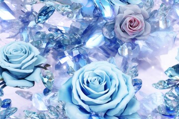  a close up of a blue rose surrounded by other blue and clear flowers on a white and blue background with crystal beads and a pink rose in the center of the middle.