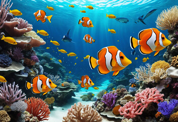 Naklejka na ściany i meble Colorful underwater coral reef fish swimming in a tropical 3D aquarium scenery