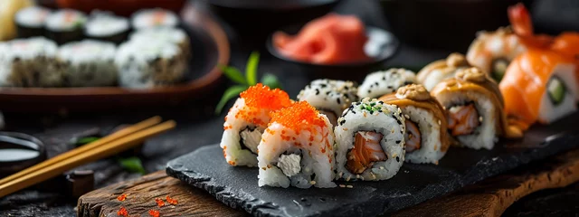 Fotobehang Fresh delicious Japanese sushi on a dark background. sushi, rolls © Anna