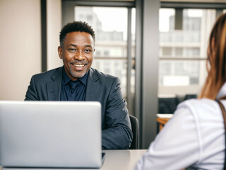 Smiling Middle-Aged Africa Business Professional in Work Conversation for Financial and Legal Advisory Services"