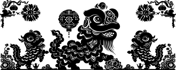 Black and white silhouette of a lion dance as a banner template for Chinese New Year celebrations, vector illustration.