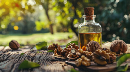 Oil in a glass walnut bottle lies on a wooden table with a walnut tree in the background - obrazy, fototapety, plakaty