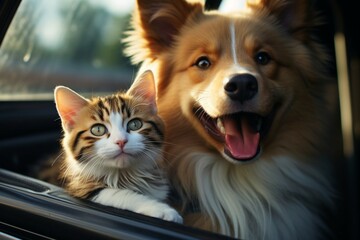 Joyful companionship Happy dog and cat in car together