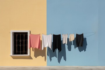  a row of clothes hanging on a clothes line next to a blue wall with a window and a yellow wall with a shadow of clothes hanging on a clothes line.