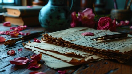 Handwritten Love Letters: An image of handwritten love letters and cards on a table surrounded by rose petals and a pen - obrazy, fototapety, plakaty