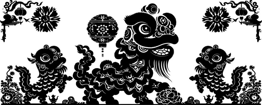 Black and white silhouette of a lion dance as a banner template for Chinese New Year celebrations, vector illustration.
