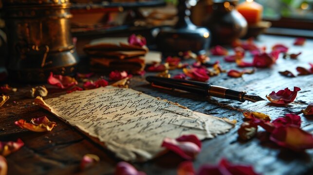 Handwritten Love Letters: An image of handwritten love letters and cards on a table surrounded by rose petals and a pen