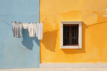  clothes hanging out to dry on a clothes line outside of a blue and yellow building with a window on the side of the building and a blue and yellow wall.