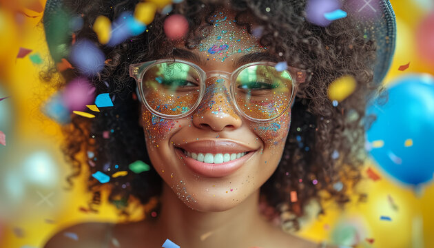 Curly black african american smiling woman in sunglasses on yellow background with balloons. Serpantine, confetti. Concept Festival, Carnival, Dentistry, Birthday, Holidays, Travel