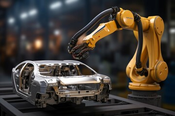 3D rendering Robot arm, AI control in advanced car production