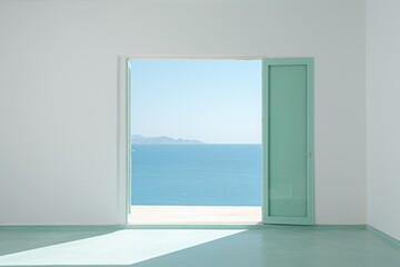  an open door in a white room with a view of a body of water and a mountain in the distance, with a bright green door in the middle of the room.