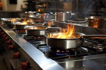 Cooking array Stainless steel pots on display atop the restaurant stove