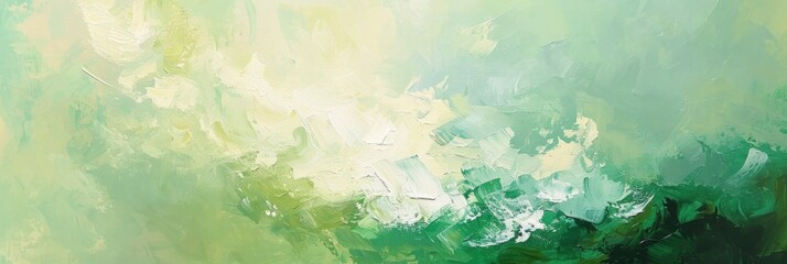 Fototapeta na wymiar A banner illustration combining fresh greenery and abstract brush strokes, using oil painting techniques to evoke a sense of renewal and growth in spring