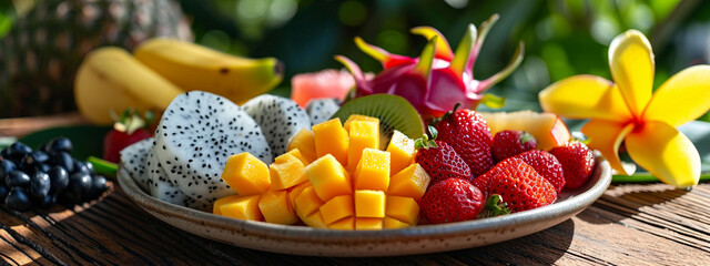 Obraz na płótnie Canvas Assortment of tropical fresh fruits on a plate.