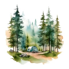 create a hand drawn watercolor clipart featuring serene forest landscape with tall trees, winding paths, and wildlife, creating a peaceful camping ambiance, 4k