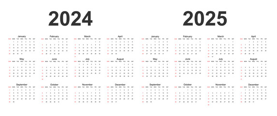 Classic monthly calendar for 2024 2025. Calendar in the style of minimalist square shape. The week starts on Sunday. Work or business calendar. 2024 2025 calendar in minimalist style.