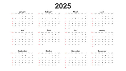 Classic monthly calendar for 2025. Calendar in the style of minimalist square shape. The week starts on Sunday. Work or business calendar. 2025 calendar in minimalist style.