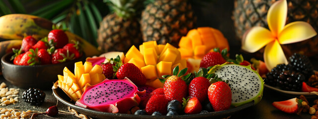 Assortment of tropical fresh fruits on a plate.