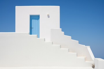  a white building with a blue door and steps leading up to a blue door on the side of a white building with steps leading up to the side of the building.