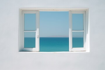  an open window with a view of the ocean and a distant island in the distance is seen from the window of a white painted room with a view of the ocean.