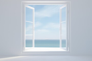  a white room with an open window looking out to the ocean and a view of a distant island in the distance, with a bright blue sky and white background.
