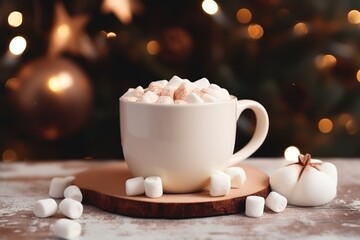 Obraz na płótnie Canvas a cup of hot chocolate with marshmallows on a wooden board in front of a christmas tree with a lite up ornament in the background.