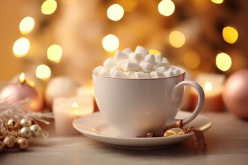 Obraz na płótnie Canvas a white cup filled with marshmallows sitting on top of a saucer next to a plate of cookies and a christmas tree with lights in the background.