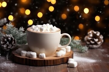 Obraz na płótnie Canvas a cup of hot chocolate with marshmallows on a wooden board in front of a christmas tree with lights in the background and snow falling on the ground.