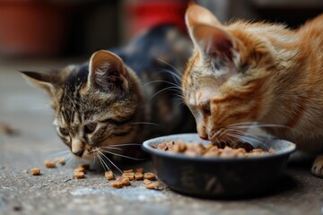 Cat eating food. Animal background  - obrazy, fototapety, plakaty