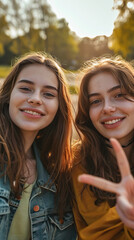 Obraz premium Two Young Women Strike a Pose for a Smartphone Selfie in the Park, Capturing a Moment of Fun and Togetherness