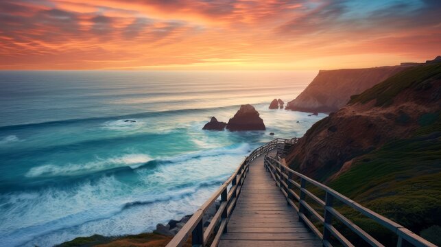 Empty wooden walkway on the ocean coast in the sunset time, pathway to beach