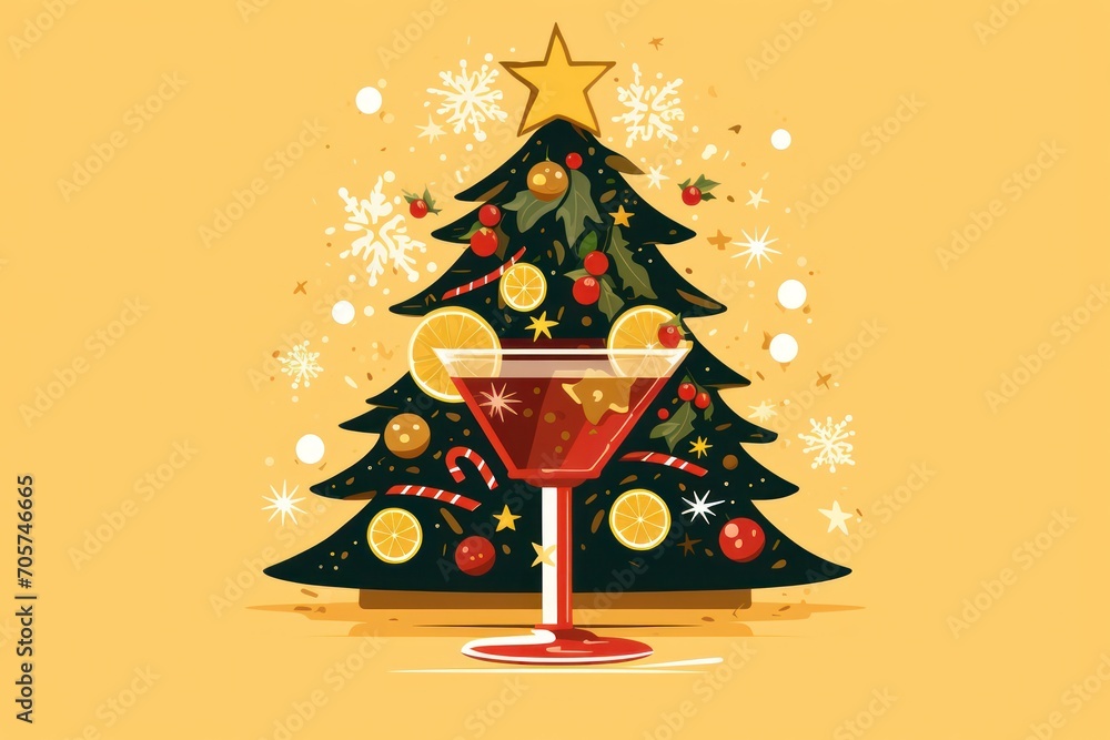 Poster a christmas tree with a glass of wine in front of it and a star on the top of the tree and snowflake